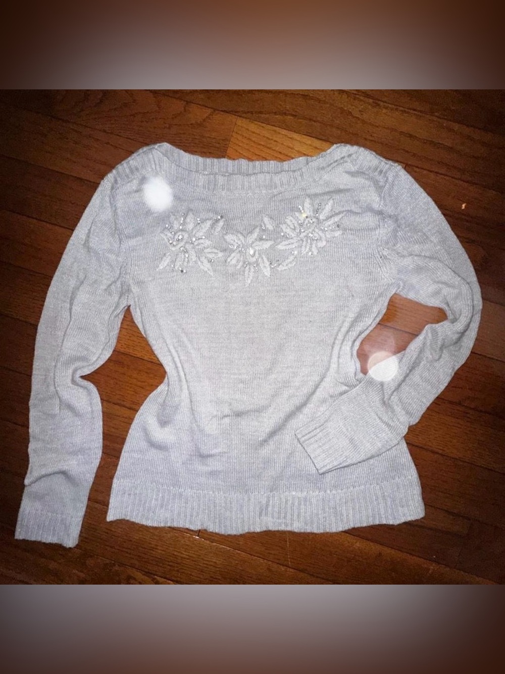 New York & Company Light Gray Floral Beaded Crewneck Sweater